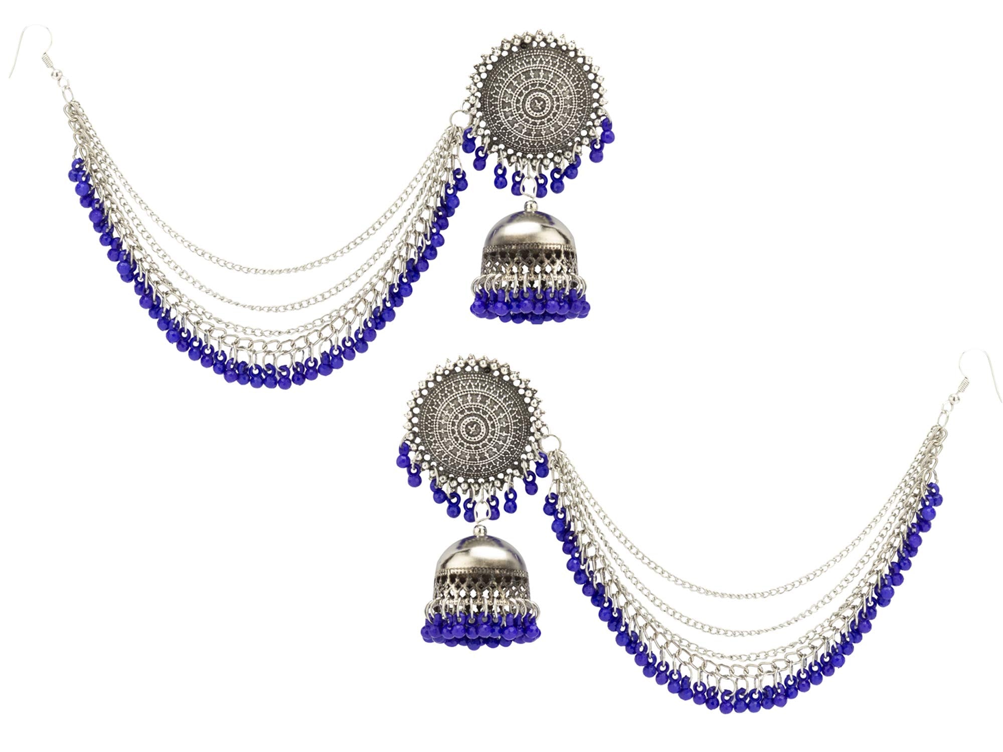 Yellow Chimes German Oxidised Silver Antique Traditional Maang Tikka with Earrings Jewellery Set for Women and Girls (Blue)