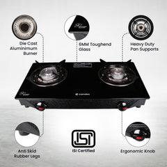 Candes Gas Stove 2 Burners Premium Die Cast Alloy Manual Tornado Burner | 6mm Toughened Glass Top | LPG Compatible & ISI Certified | 1 Yr Warranty