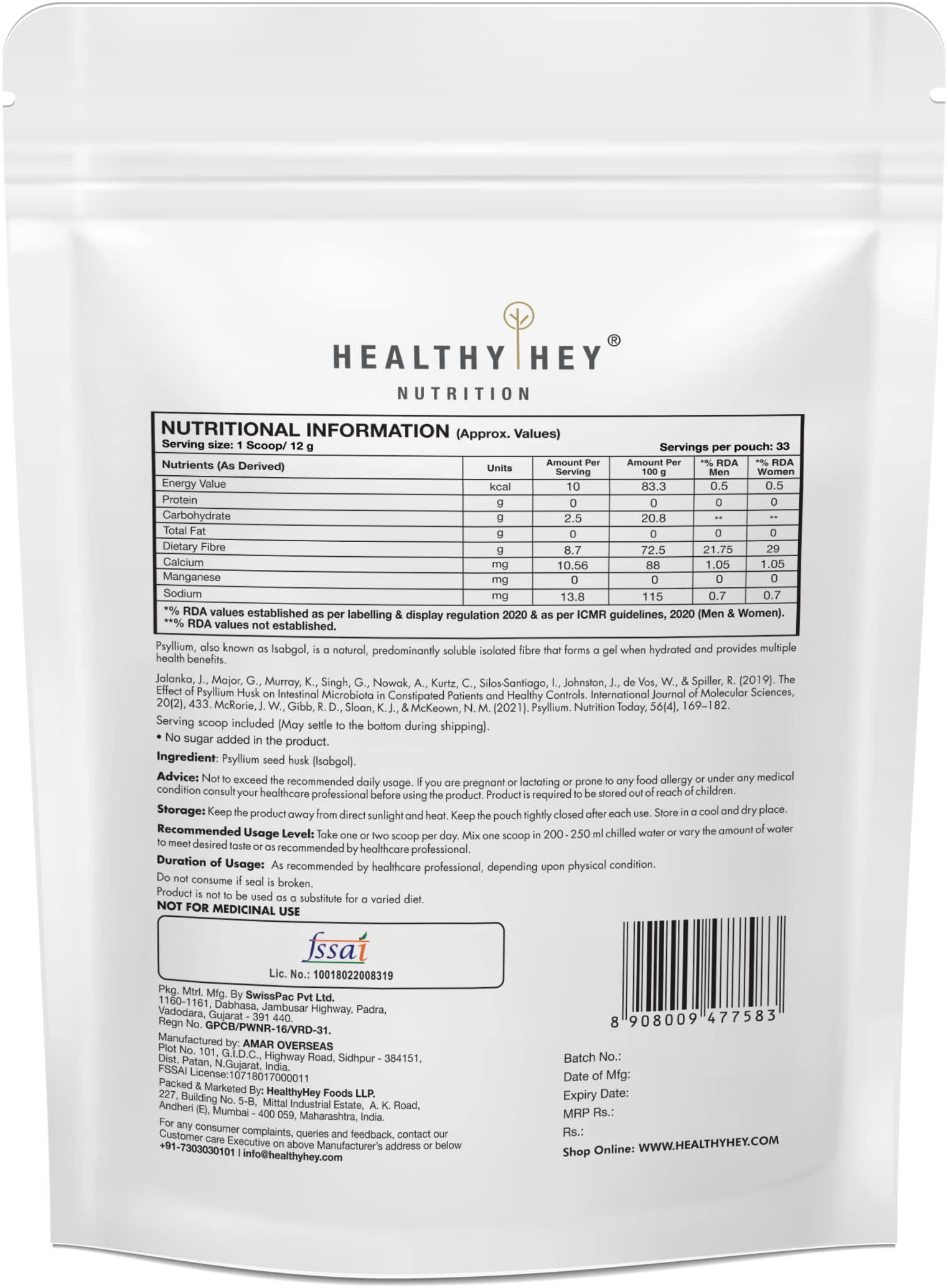 HealthyHey Nutrition Psyllium Husk 99% - Fibre Support - Pack of 400 gram Powder