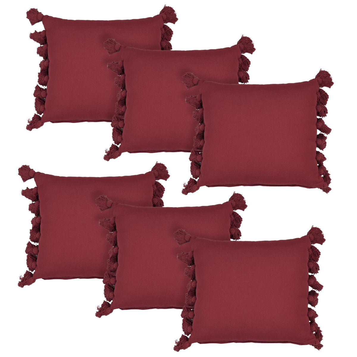 Anko 100% Cotton Square Cushion Cover Set of 6 | Textured Cushion Covers with Fringes for Sofa & Bed (Without Filler) | Shiraz (Red) | 43 Cm (L) x 43 Cm (W) Each (6 Pc)