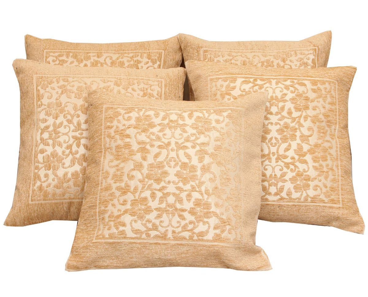 Kuber Industries Floral 5 Piece Velvet Cushion Cover Set - 16"x16", Gold