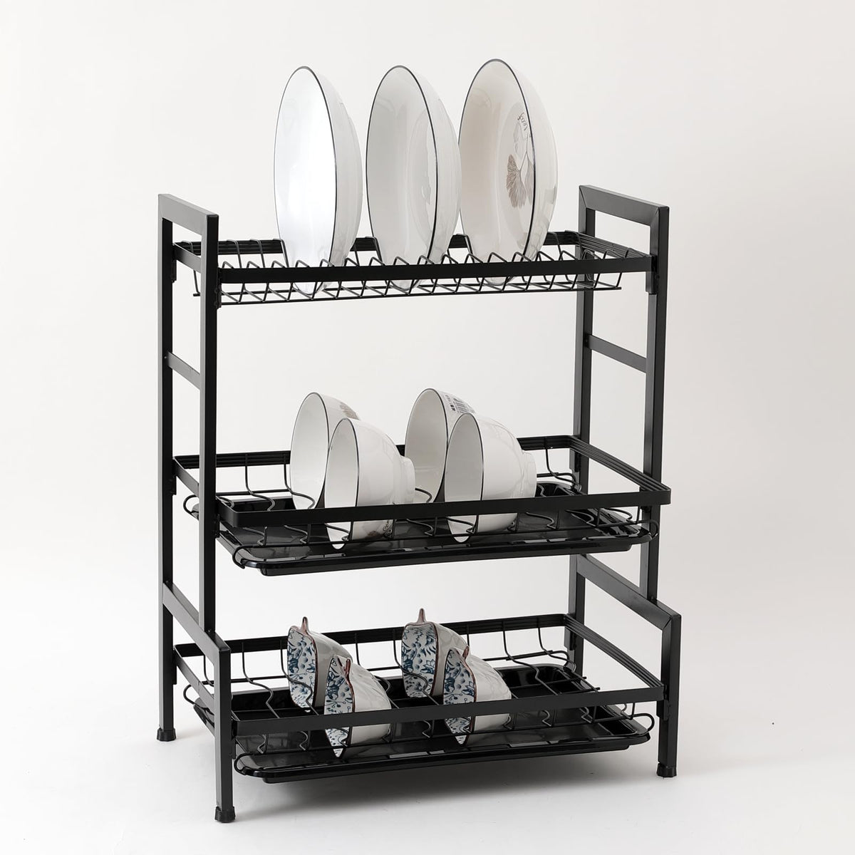 UMAI Free Mounting Dish Rack 3-Layer | Kitchen Utensil Organizer with Drain Pan | Multi-Purpose Storage | Strong and Durable Stainless Steel Construction | Space Saving Design (Black)