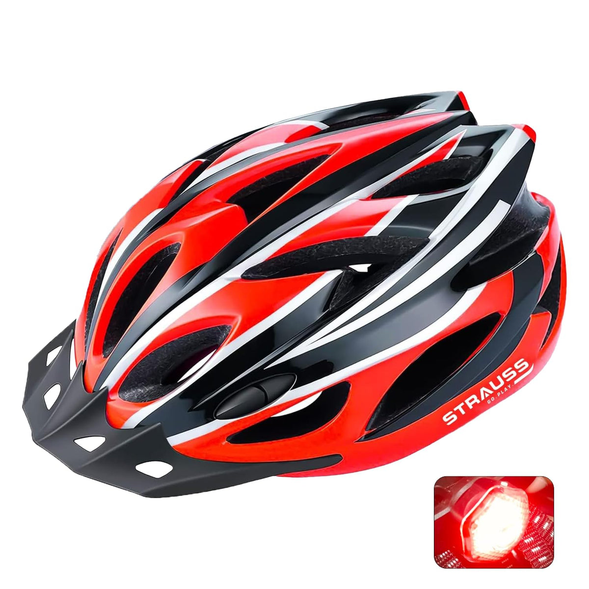 Strauss Adjustable Cycling & Skating Helmet with Detachable Visor & Safety Light | Light Weight with Ventilation | Adjustable Strap, Comfortable Chin Pad | Ideal for Men, Women & Kids (Black/Red)