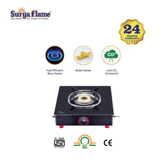 Surya Flame Smart Gas Stove, 3 Burner Glass Top, Black Body LPG Stove with 69% Thermal Efficiency - 2 Years Complete Doorstep Warranty