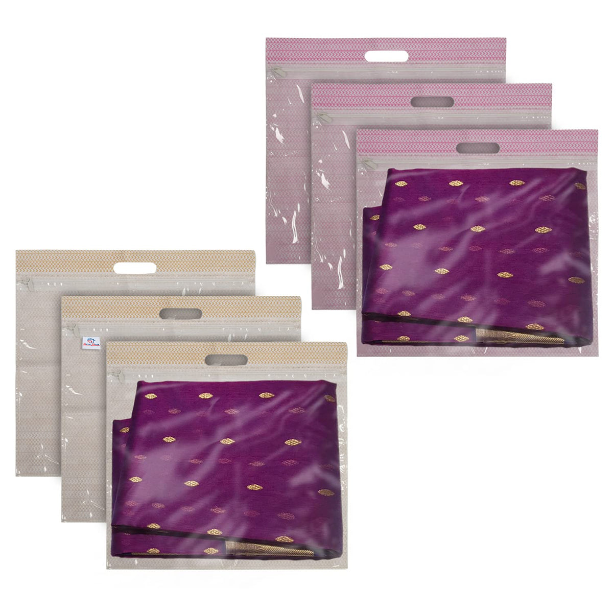 Heart Home Non-Woven Single Saree Covers With Transparent Window With Handle Pack of 6 (Pink & Brown)