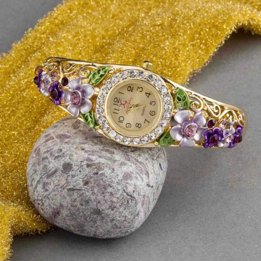 Yellow Chimes Exclusive Floral Design Multi Color Crystal Watch Kada Bangle Bracelet for Women