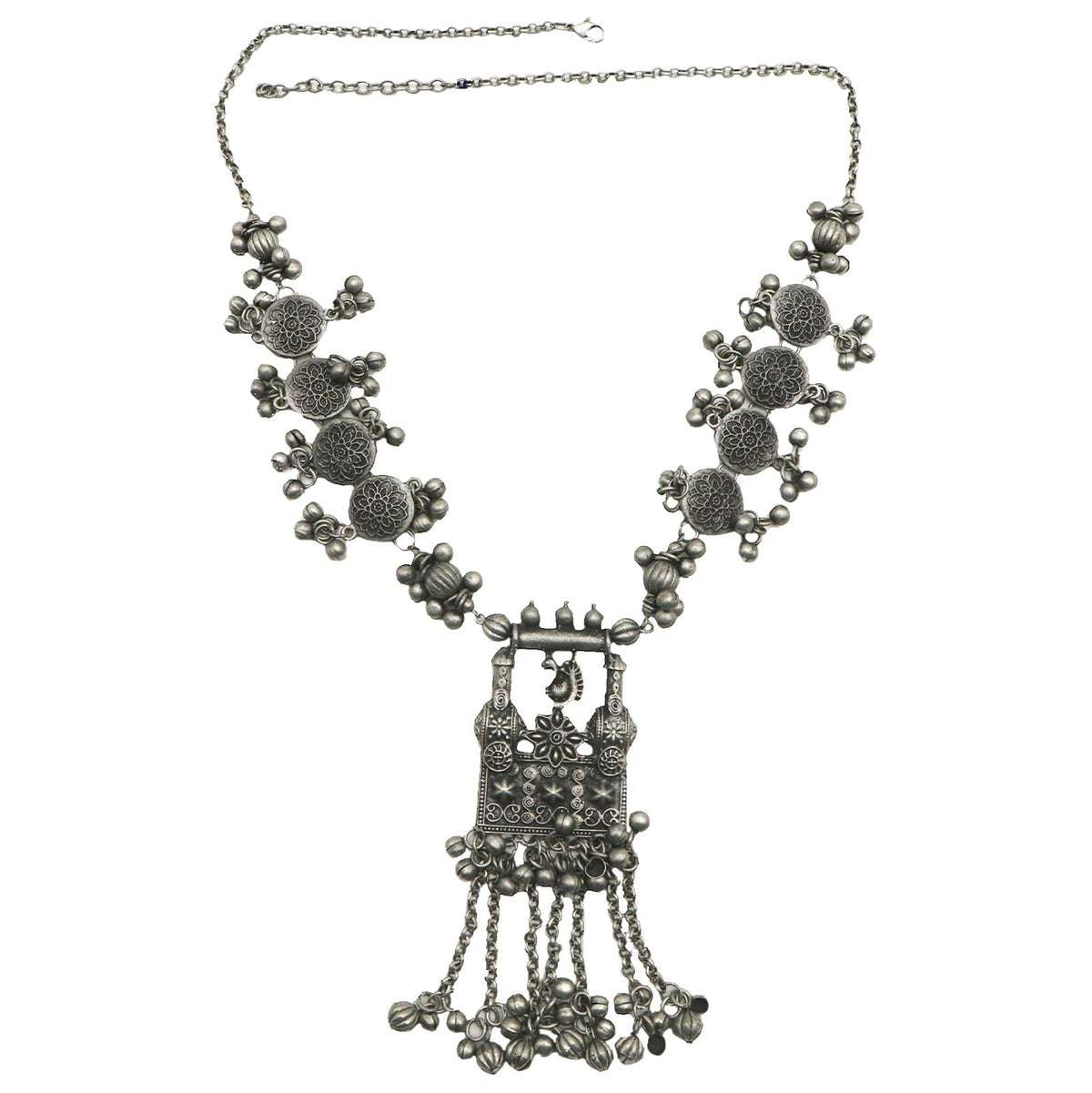 TEEJH Akhila Silver Oxidised Floral Necklace Set For Women