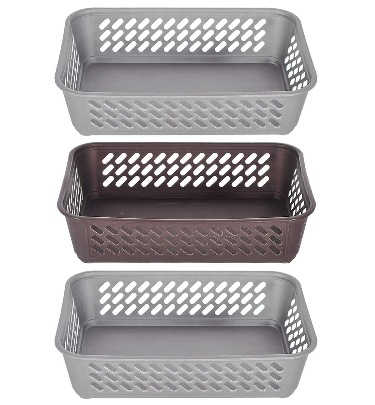 Kuber Industries Multipurposes Super Tidy Plastic Basket, Organizer For Kitchen, Countertops, Cabinets, Bathrooms- Pack of 3 (Grey & Brown & Grey) -46KM0584