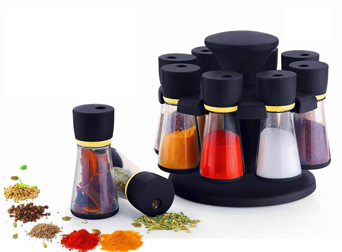 Kuber Industries Multipurpose Revolving Plastic Spice Rack 8 Pieces Masala Box/Condiment Set/Masala Boxes for Kitchen (Black)-KUDMART3307