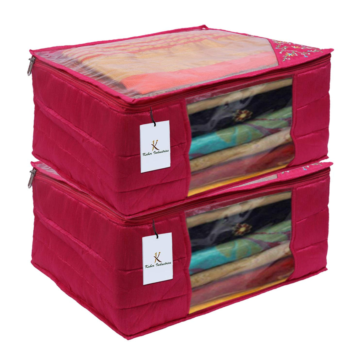 Kuber Industries 3 Layered Quilted Silk 2 Pieces Saree Cover (Pink) -CTLTC10633