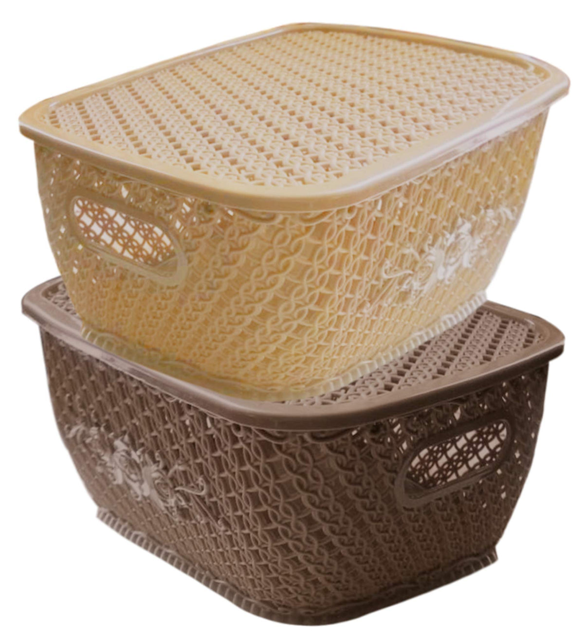 Kuber Industries Plastic 2 Pieces Medium Size Multipurpose Solitaire Storage Basket for Kitchen, Office, Bedroom, Bath Room with Lid (Coffee & Cream) CTKTC034310