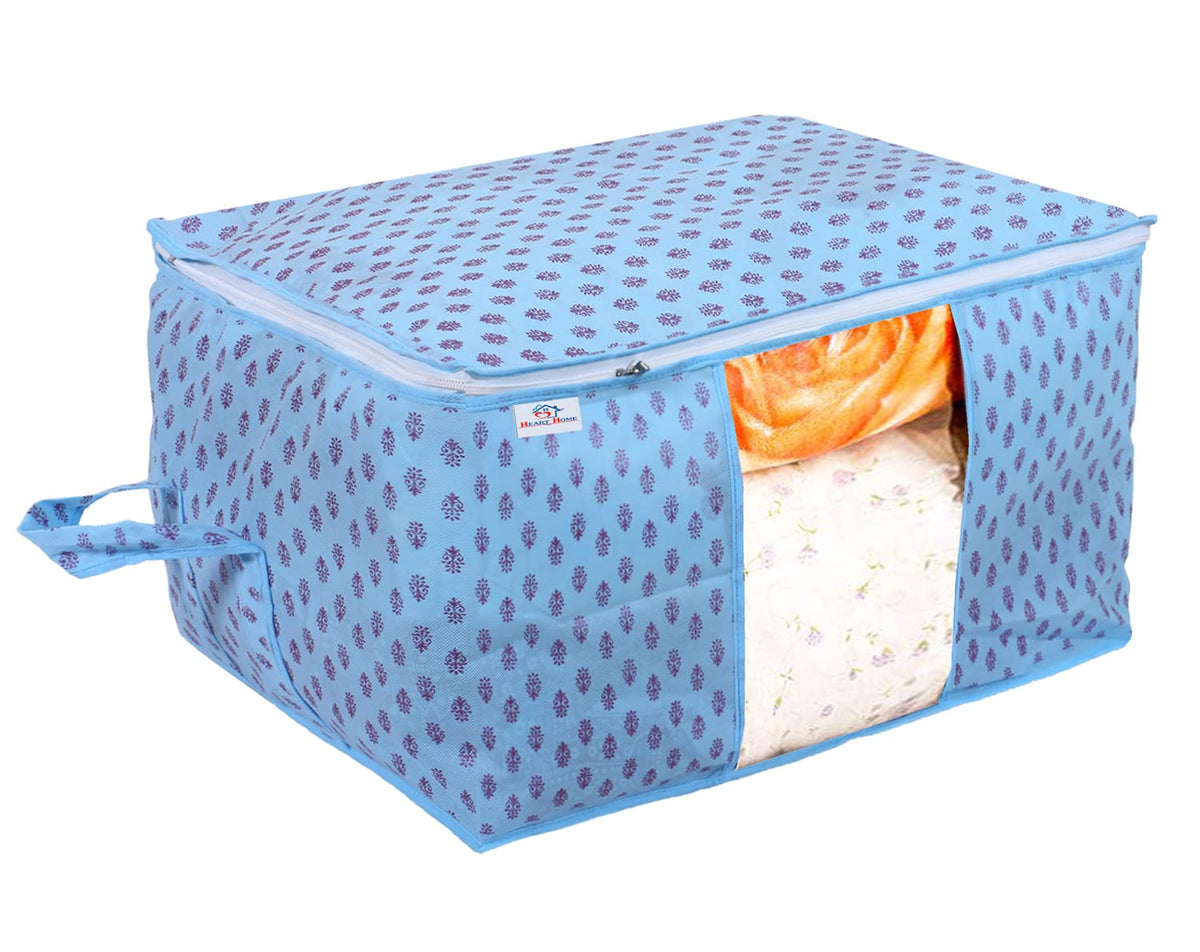 Heart Home Non-Woven Floral Print Underbed|Blanket Cover With Transparent Window, Zippered & Handle (Sky Blue)