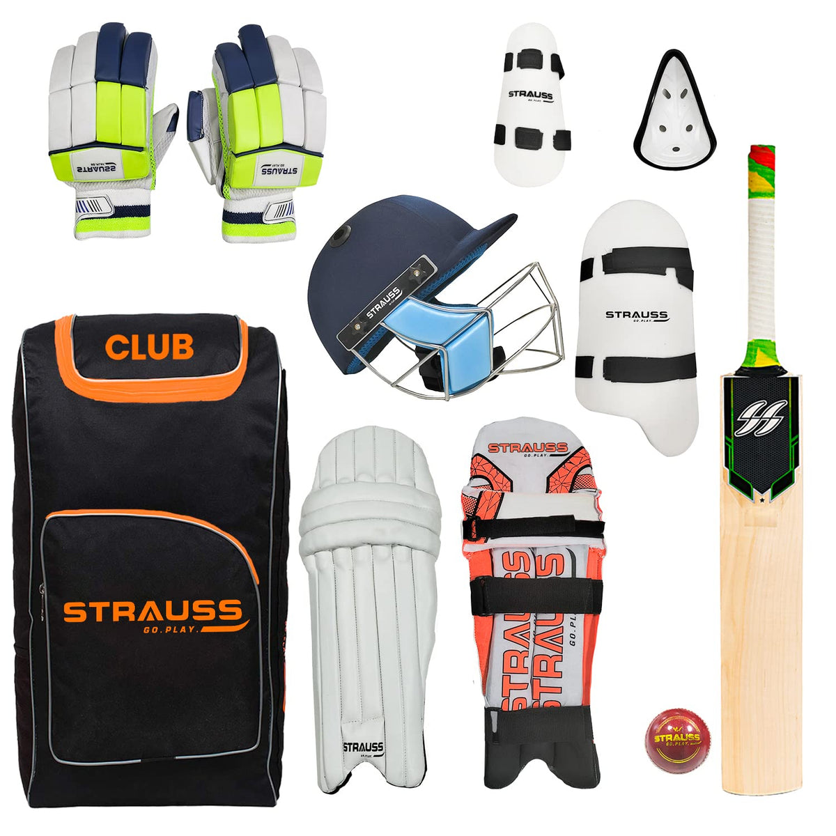 Strauss Cricket Kit | Edition: Club | Complete Cricket Kit Set | Set of 9 | Size: Short Handle | Premium Leather Ball Cricket Kit | Ideal for 15+ | for Right Handed Players