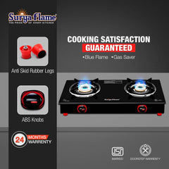 Surya Flame Smart Gas Stove 2 Burner Glass Top chulha Black Manual Ignition LPG Stove With ISI Certified Rust Free Body - 2 Years Complete Doorstep Warranty Including Glass