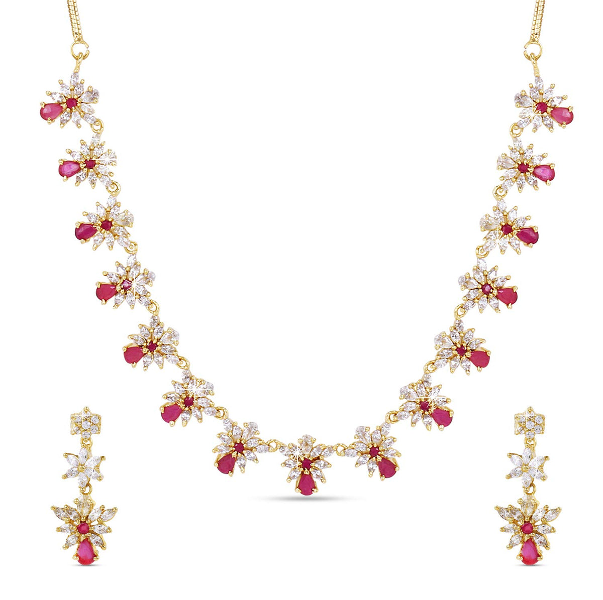 Yellow Chimes Classic White & Pink AD/American Diamond Studded 18K Gold Plated Floral Designer Necklace Set Jewellery Set for Women & Girls