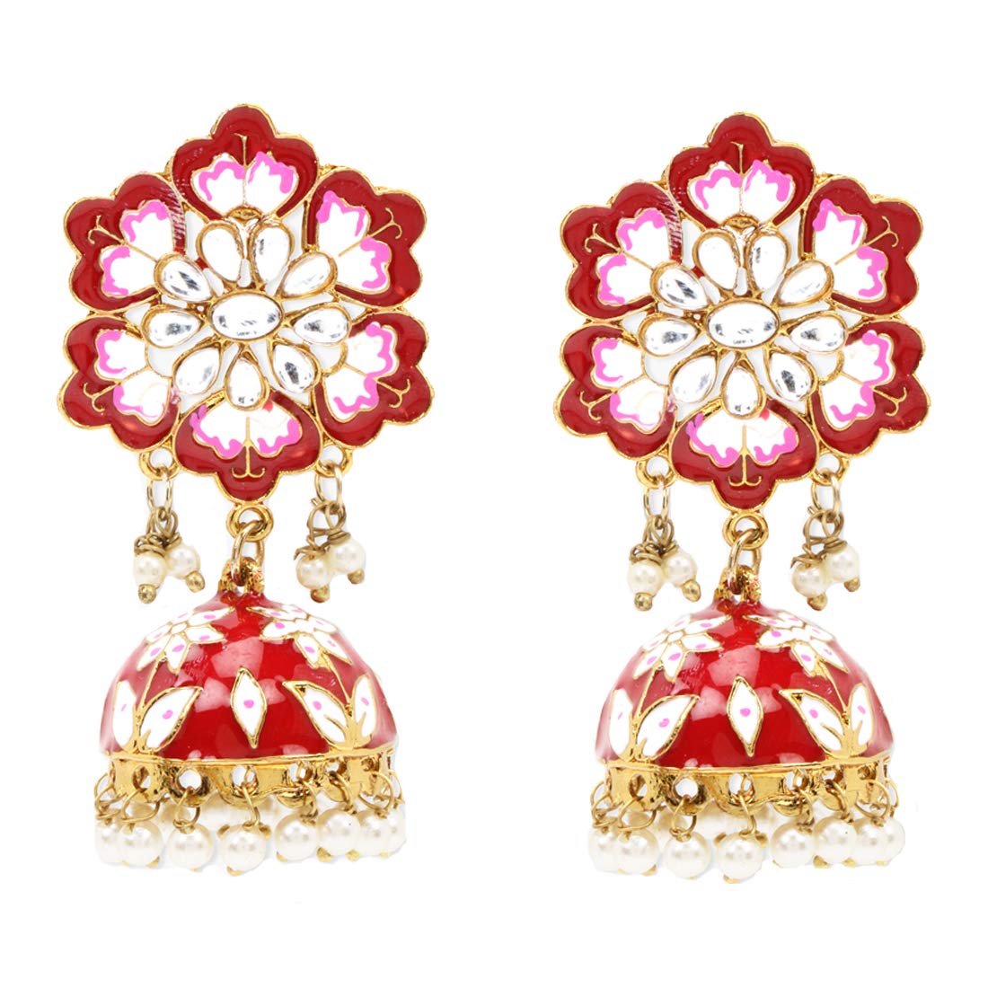 Yellow Chimes Meenakari Jhumka Earrings Handcrafted Stylish Gold toned Traditional Flower Jhumka/Jhumki Earrings for Women & Girls (Red)