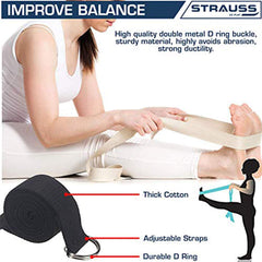 Strauss Yoga Strap & Stretching Belt | Ideal for Yoga, Pilates, Therapy, Dance, Gymnastics & Flexibility | 60% Thicker Belt with Extra Safe Adjustable Metal D-Ring Buckle | Eco-Friendly, 8 feet (Black)