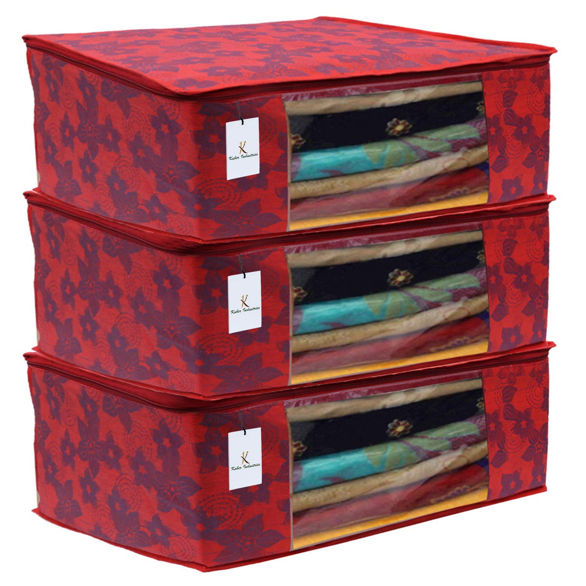 Heart Home 3 Piece Non Woven Saree Cover Set, Red,7 Inches Height CTHH11579