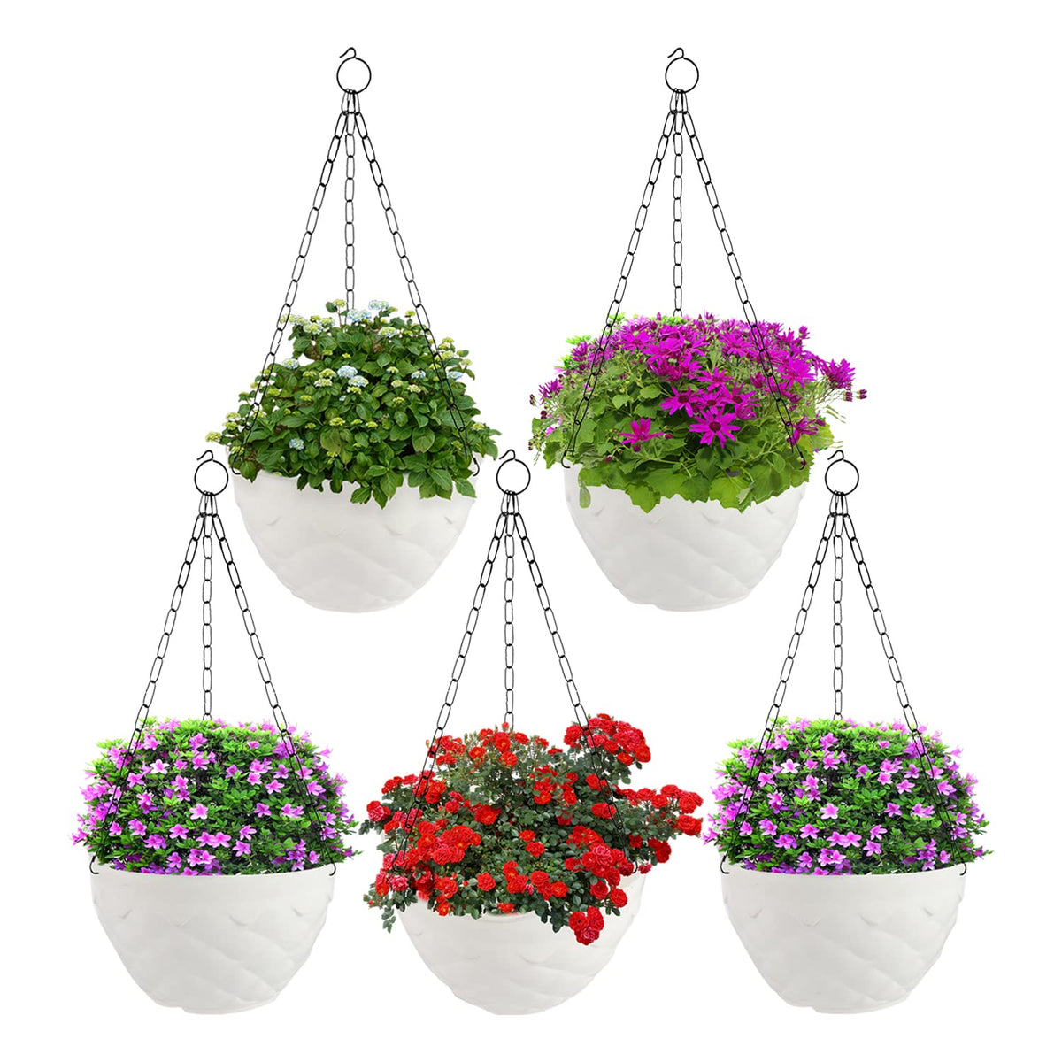 Kuber Industries Diamond Flower Pot|Durable Plastic Hanging Basket Flower Planter with Chain for Home|Garden|Balcony|Pack of 5 (White)