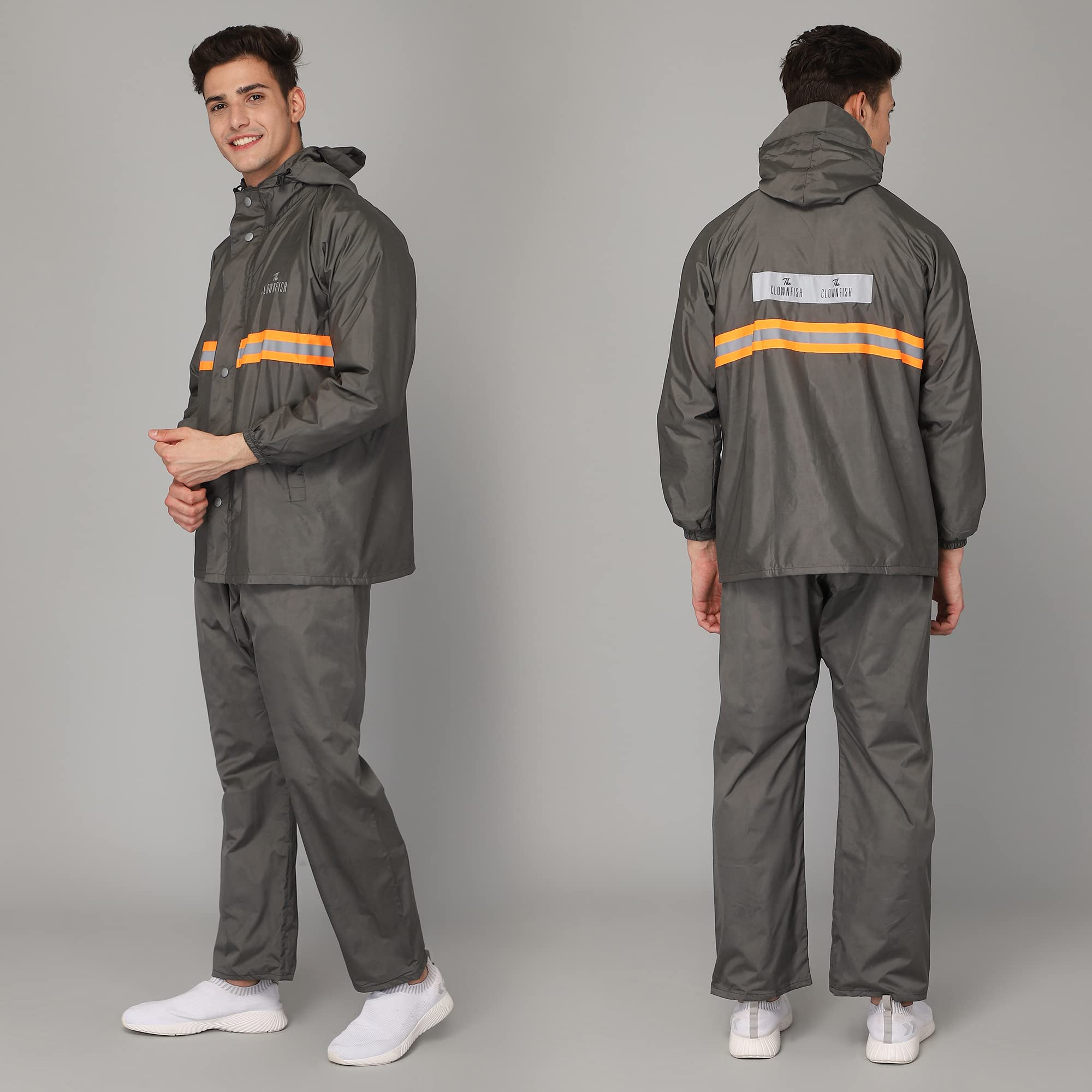 THE CLOWNFISH Philip Series Men's Waterproof Polyester Double Coating Reversible Raincoat with Hood and Reflector Logo at Back. Set of Top and Bottom. Printed Plastic Pouch with Rope (Grey, XX-Large)