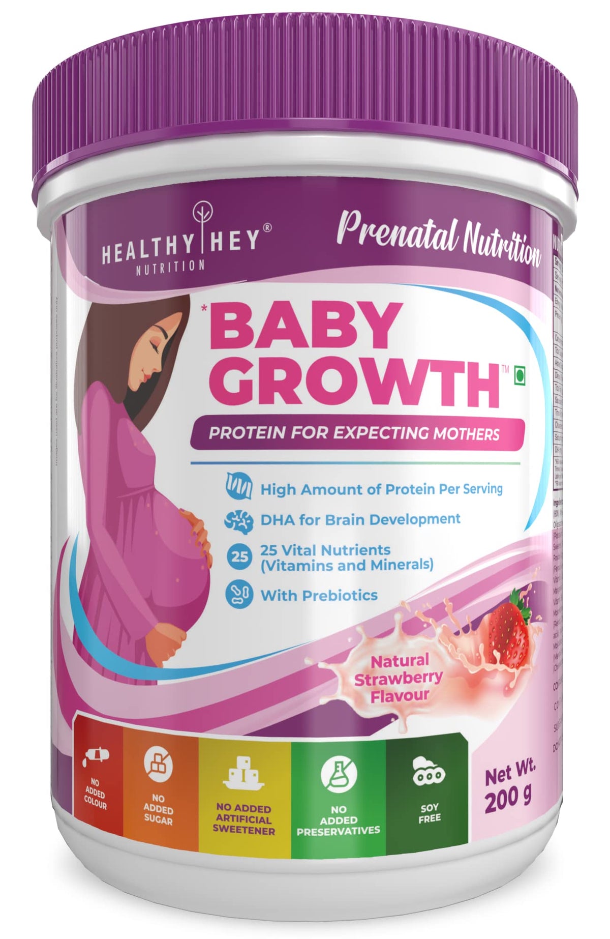 HealthyHey Nutrition- Protein for Pregnant Women - BabyGrowth - Strawberry - 200 gram - All Natural - Tastes Great- Vegetarian - High Protein - Prebiotics - Soy Free