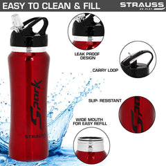 Strauss Spark Stainless-Steel Bottle, 750ml Metal Finish Red