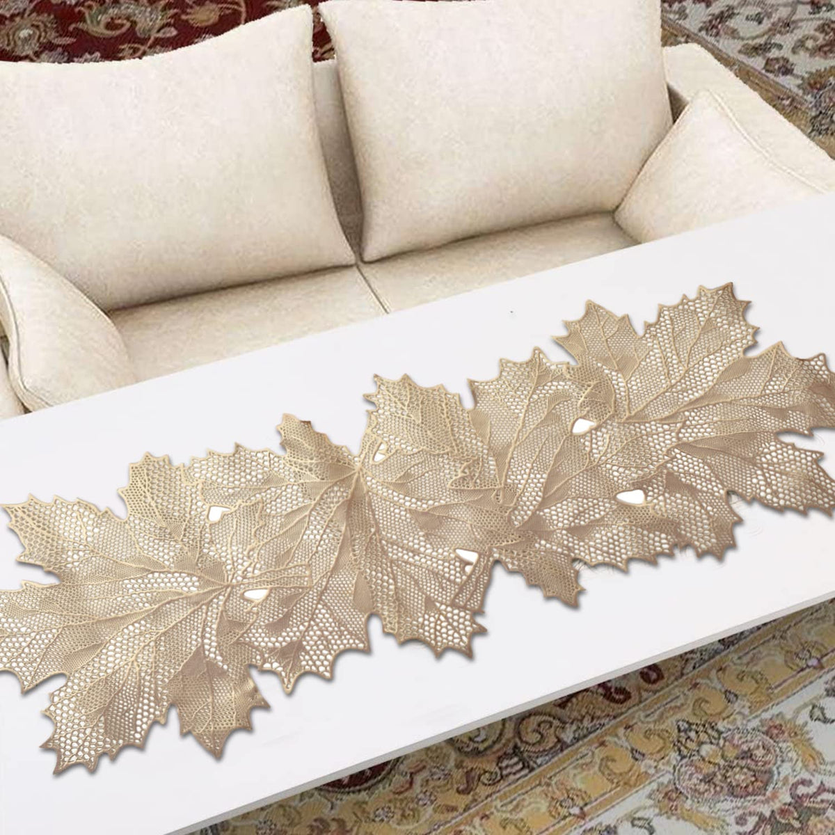 Heart Home Leaf Design Soft Leather Table Runner for Patios Family Dinner Office Kitchen Table (Gold)-HS43HEARTH26601, Standard