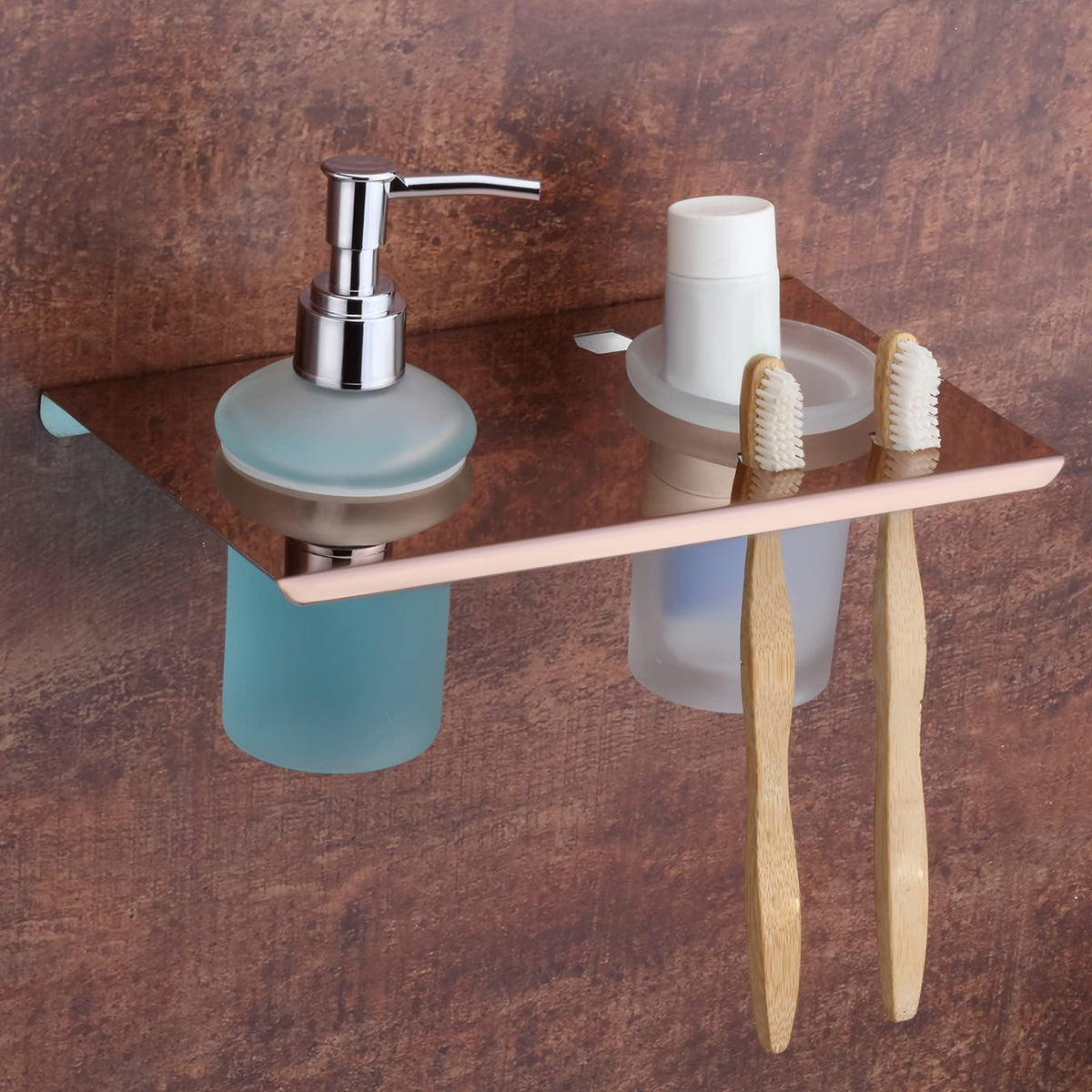 Plantex Stainless Steel 2 in1 Liquid Soap Dispenser/Hand Wash Dispenser with Tumbler Holder/Tooth Brush Holder/Bathroom Accessories - Wall Mount (Rose Gold-Chrome)