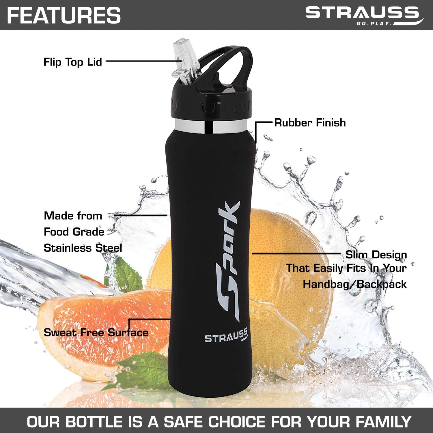STRAUSS Spark Stainless-Steel Bottle, Rubber Finish, 750 ml | 100% Leak Proof | BPA Free | Water Bottle for Office, Gym Bottle, Home, Kitchen, Hiking, Trekking Bottle and Travel Bottle, (Black)