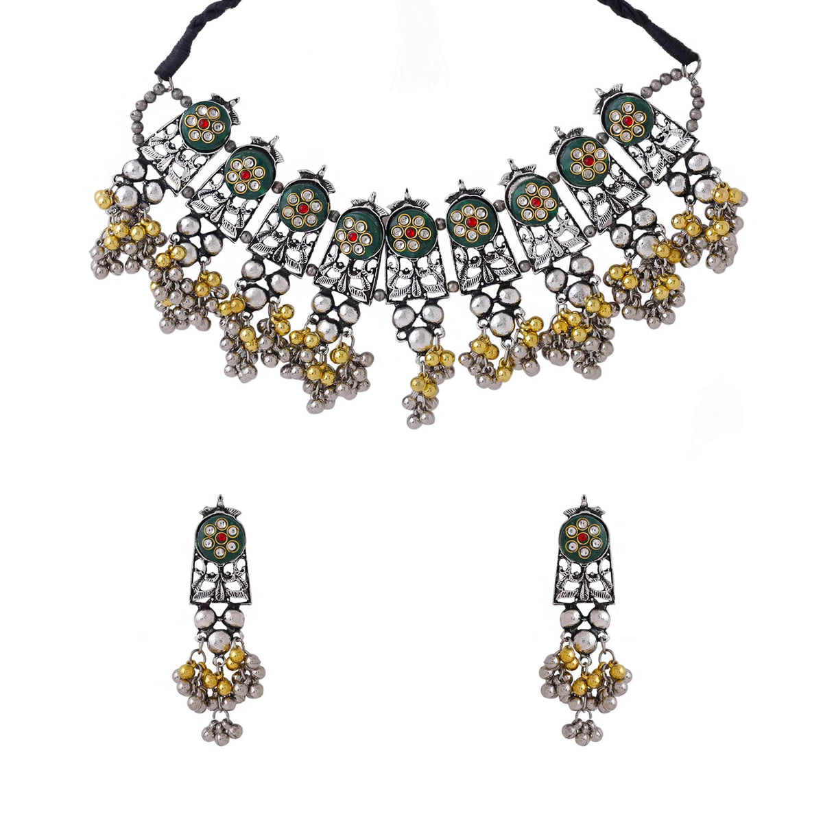 Yellow Chimes Jewellery Set for Women and Girls Kundan Necklace Set | Gold Plated Green Beads Studded Kundan Choker Necklace Set | Birthday Gift for girls and women Anniversary Gift for Wife