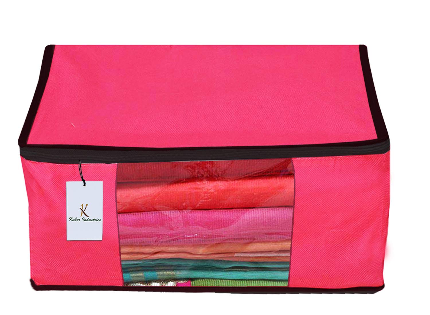 Kuber Industries 3 Piece Non Woven Fabric Saree Cover Set with Transparent Window, Extra Large, Pink-CTKTC23670