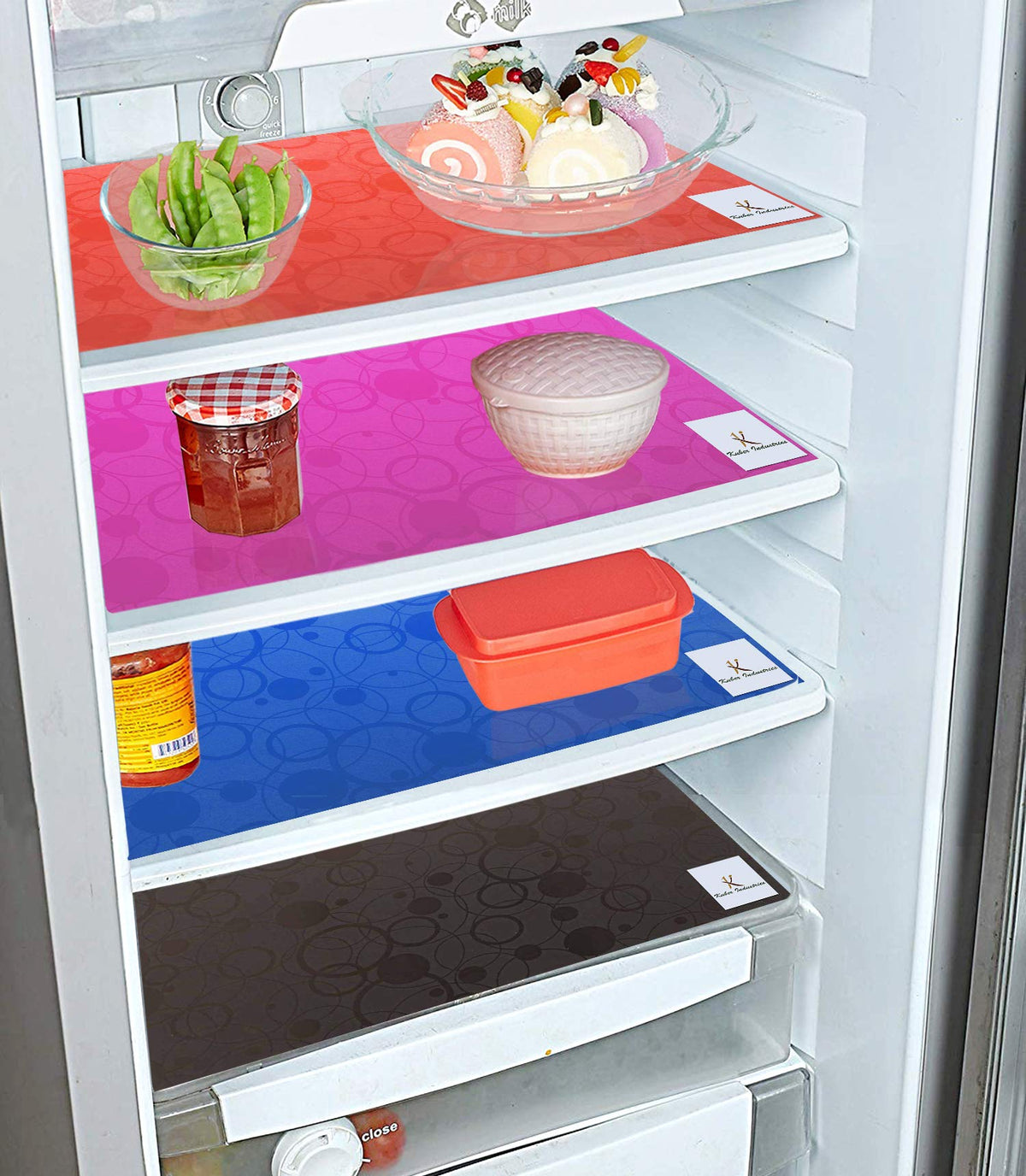 Kuber Industries Circle Design 4 Pieces PVC Refrigerator/Fridge Multipurpose Drawer Mat Set(Black, Blue, Pink & Red)-CTKTC032342