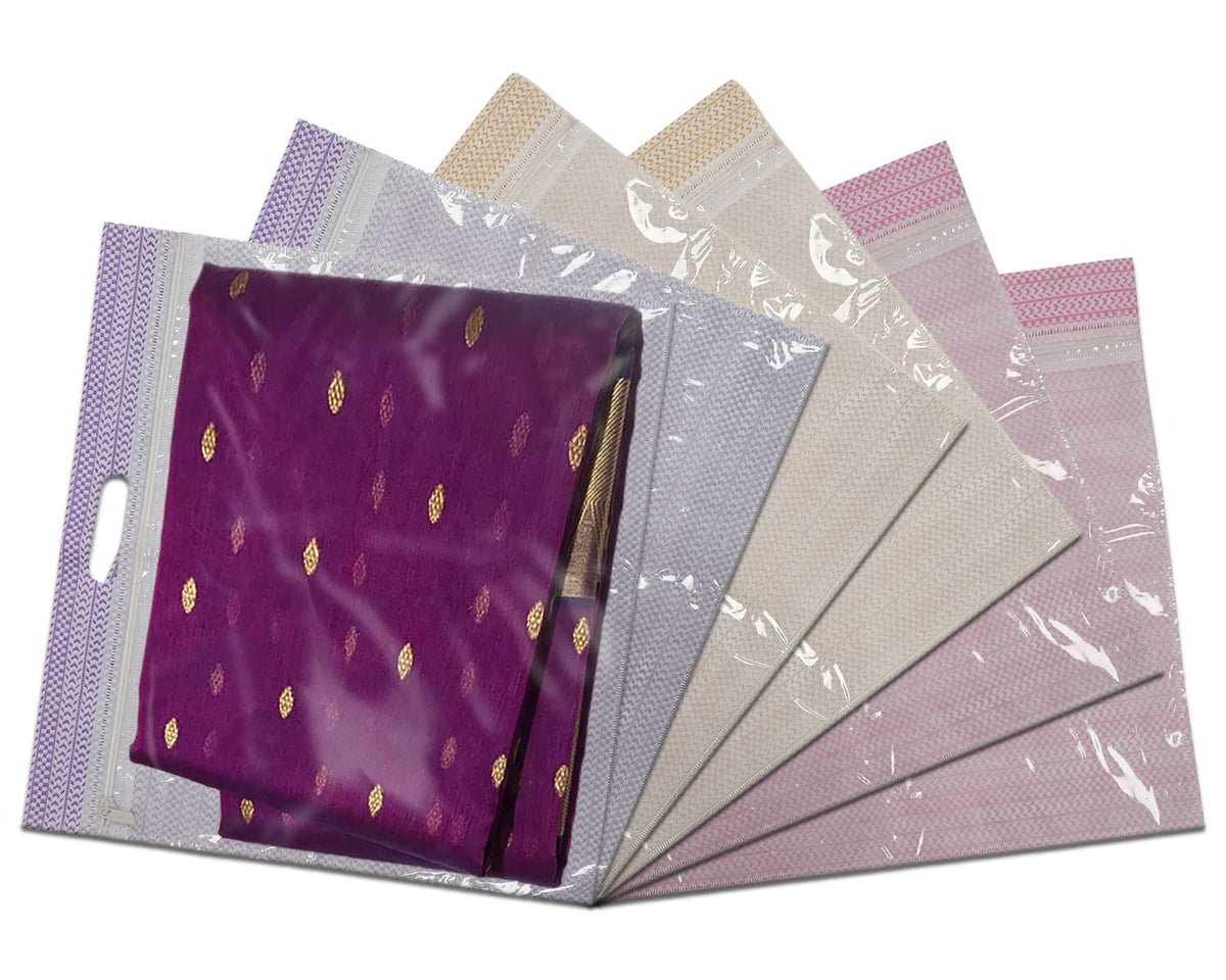 Kuber Industries Non-Woven Wardrobe Organizer/Gift Bags/Storage Bag For Store Saree, Lehenga, Suit With Transparent Window With Handle- Pack of 6 (Purple & Pink & Brown)
