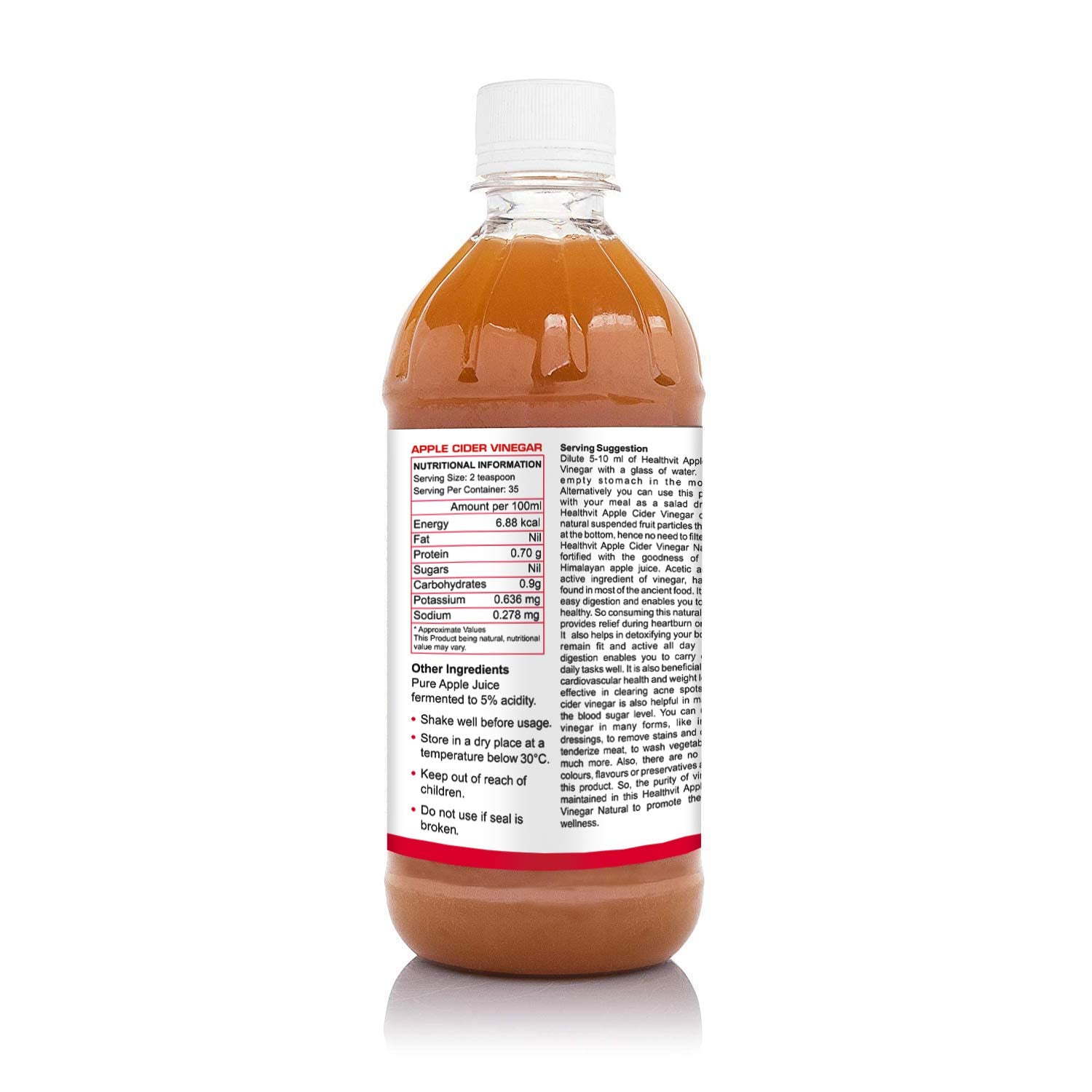 HealthVit Apple Cider Vinegar with Mother of Vinegar - Unfiltered, Organic, Weight Loss, Skin Health, Digestion, Energy Boost, Immunity - 500 ml