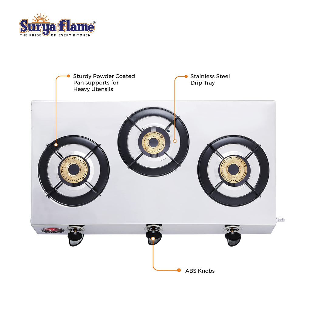 Types Cooking Gass Surya Flame Triple Cook Gas Stove, 3 Burner, Stainless Steel Body ...