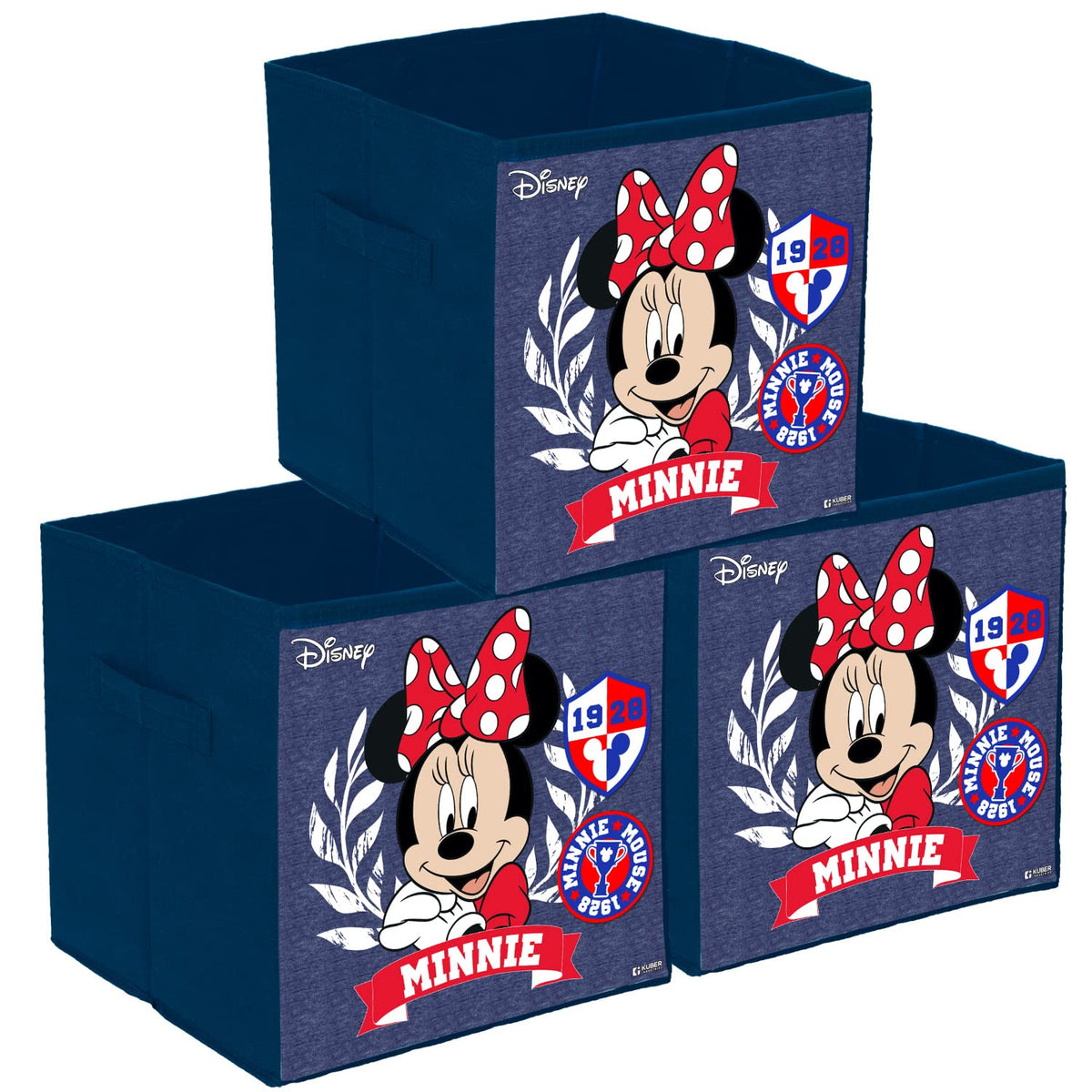 Heart Home Disney Minnie Print Durable & Collapsible Square Storage Box|Clothes Organizer With Handle,Pack of 3 (Blue)