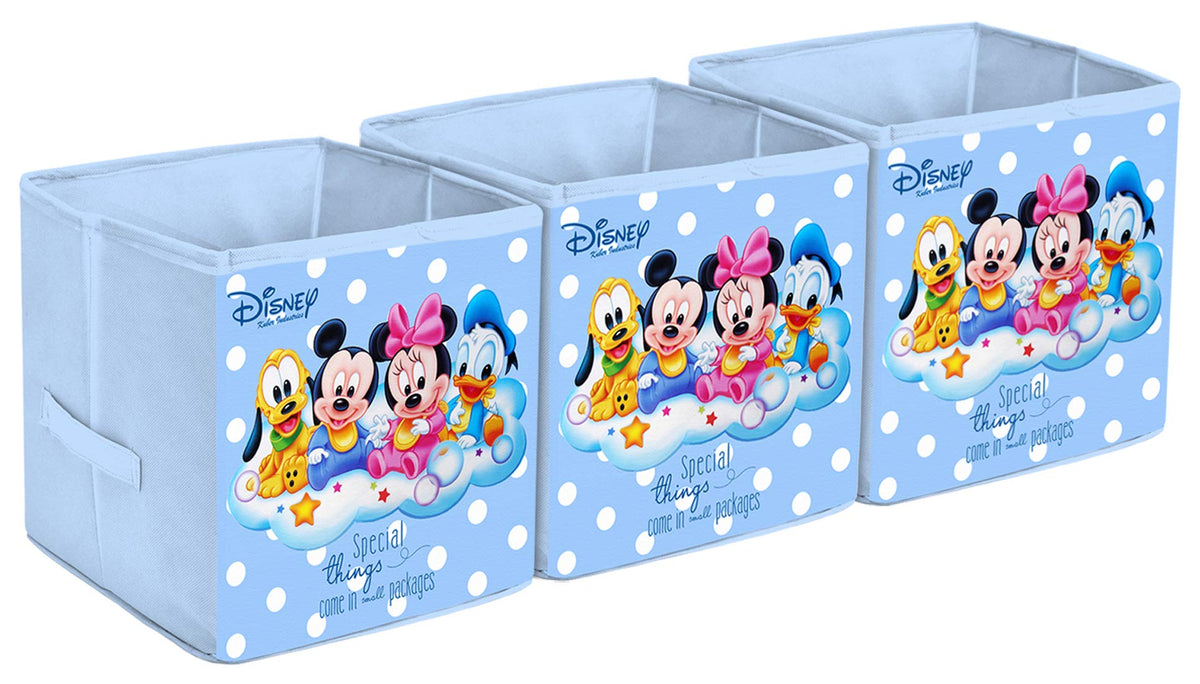 Kuber Industries Disney Baby Team Mickey Print Non Woven 3 Pieces Fabric Foldable Cubes Storage Box with Handle, Extra Large (Royal Blue)-KUBMART16153