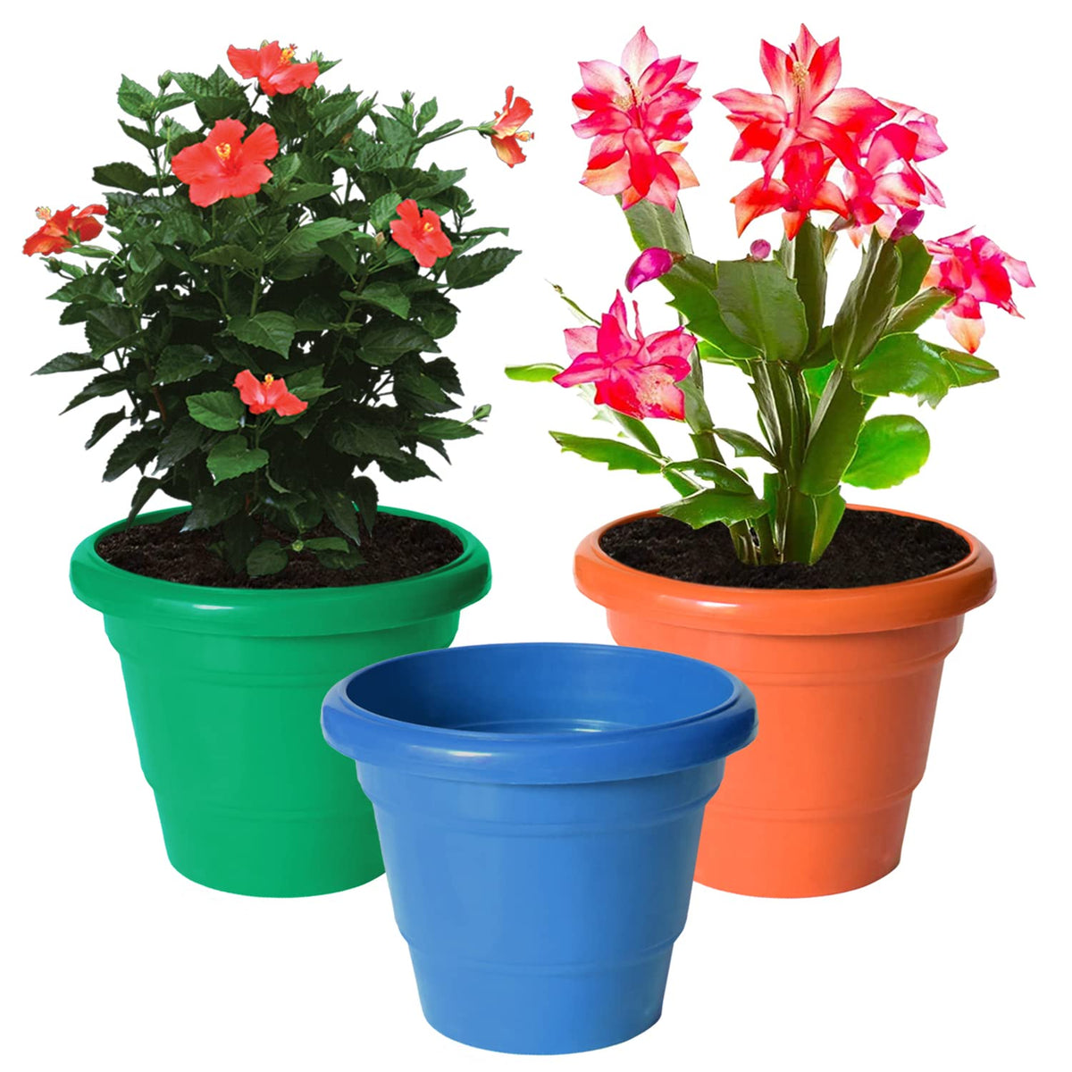 Kuber Industries Solid 2 Layered Plastic Flower Pot|Gamla for Home Decor,Nursery,Balcony,Garden,8"x 6",Pack of 3 (Blue & Orange & Green)