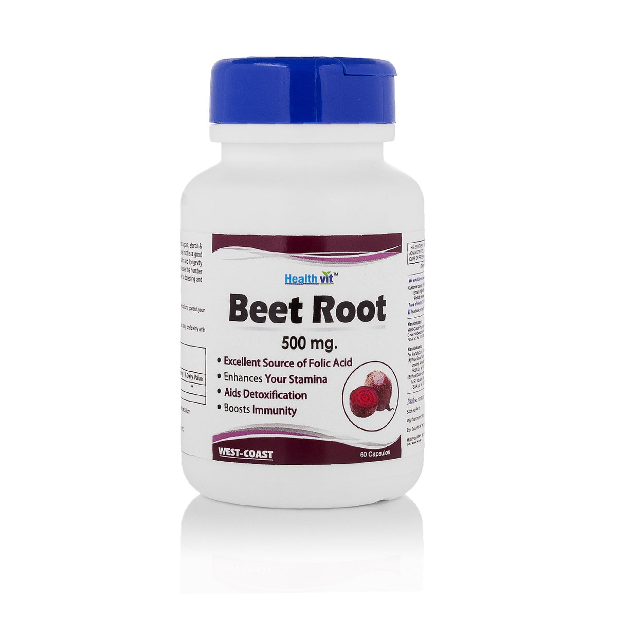 Healthvit Beet Root 500mg - Excellent Source Of Folic Acid | Healthy Heart, Endurance, Nitric Oxide Boosting Supplement | Boosts Immunity & Your Stamin | 60 Capsules
