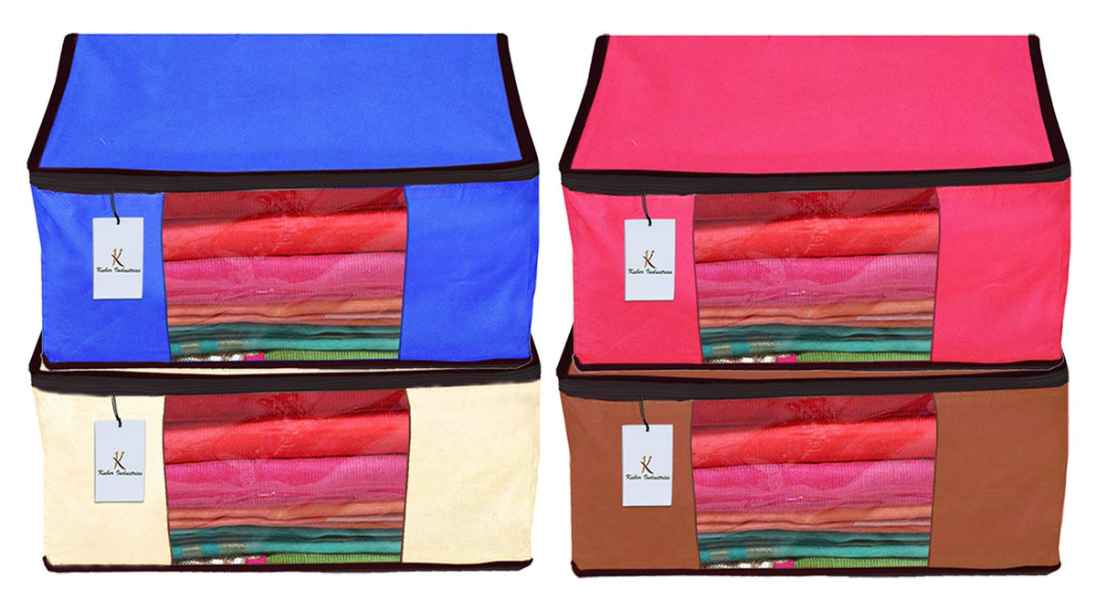 Kuber Industries 4 Piece Non Woven Fabric Saree Cover Set with Transparent Window, Extra Large, Pink,Royal Blue,Ivory,Dark brown-CTKTC23792