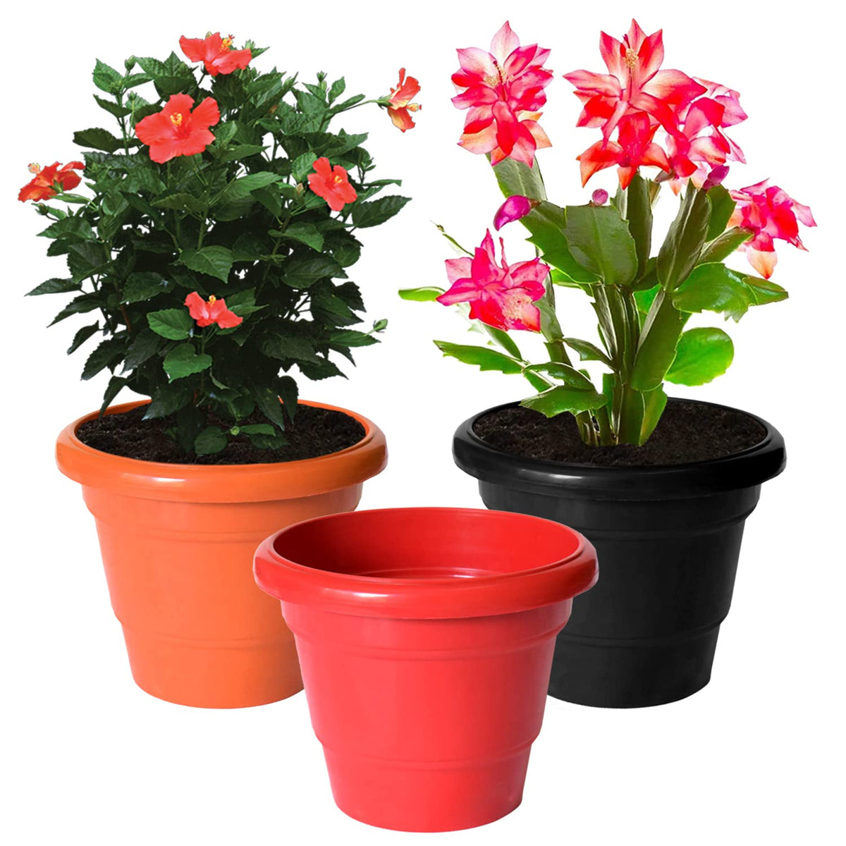 Kuber Industries Solid 2 Layered Plastic Flower Pot|Gamla for Home Decor,Nursery,Balcony,Garden,8"x 6",Pack of 3 (Red & Black & Orange)