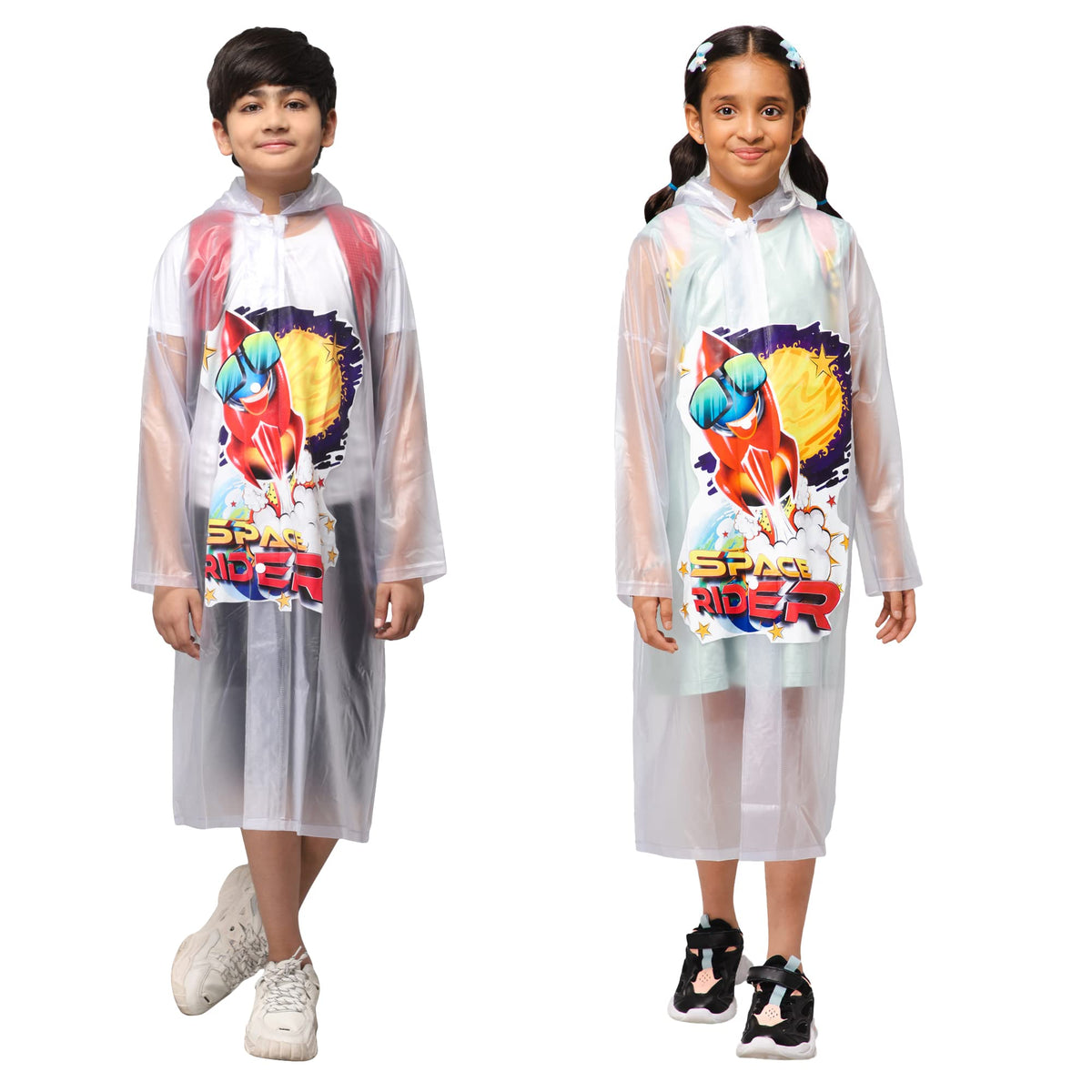 THE CLOWNFISH Toon Caper Series Kids Waterproof PVC Longcoat with Adjustable Hood & Extra Space for Backpack/Schoolbag Holding. Printed Plastic Pouch. Kid Age-3-4 years (Link White-Transparent)