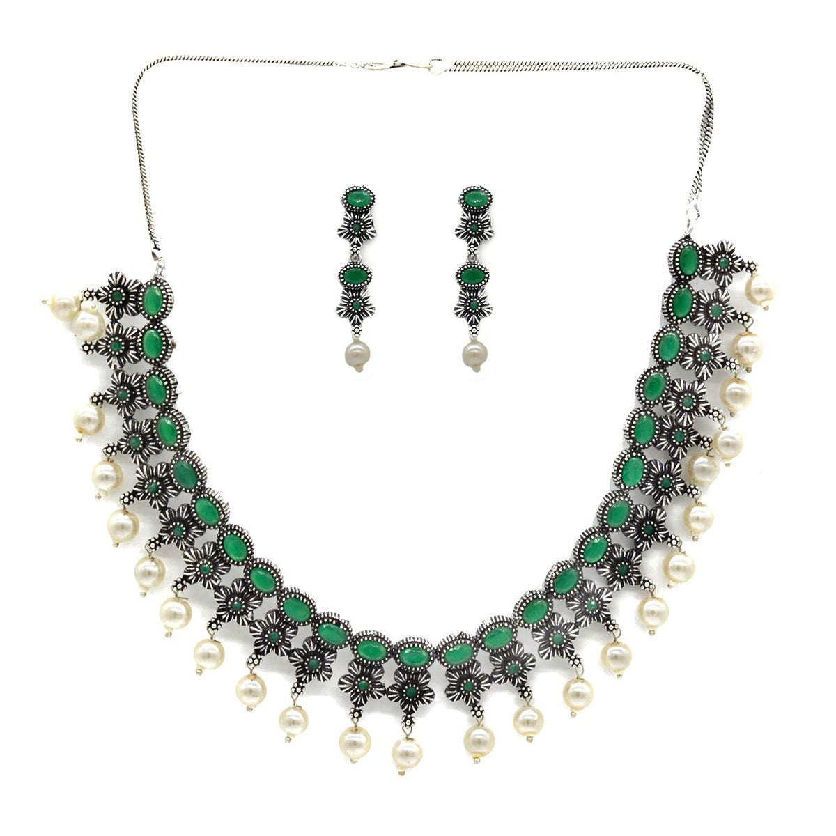 TEEJH Ekladh Green Stone Silver Pearl Necklace Set For Women