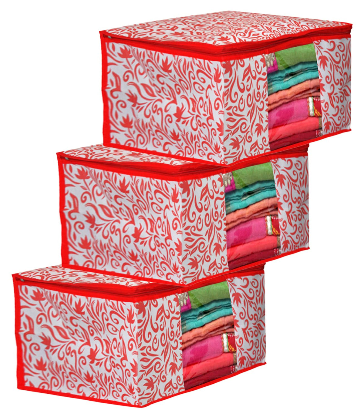 Heart Home Floral Printed Non-Woven Saree Cover, Clothes Organiser, Storage Bag For Wardrobe With Tranasparent Window- Pack of 3 (Pink)-HS43HEARTH26108