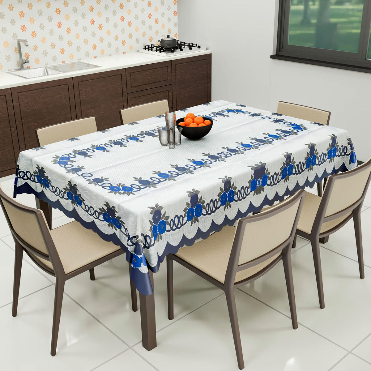 Heart Home Cotton Floral Print Waterproof Attractive Dining Table Cover|Tablecloth for Home Decorative, 60x90 Inch (White Blue)