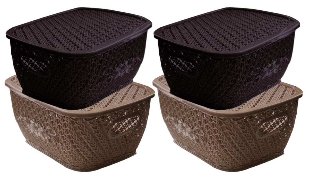 Kuber Industries Plastic 4 Pieces Small Size Multipurpose Solitaire Storage Basket for Kitchen, Office, Bedroom, Bath Room with Lid (Brown & Coffee) CTKTC34289