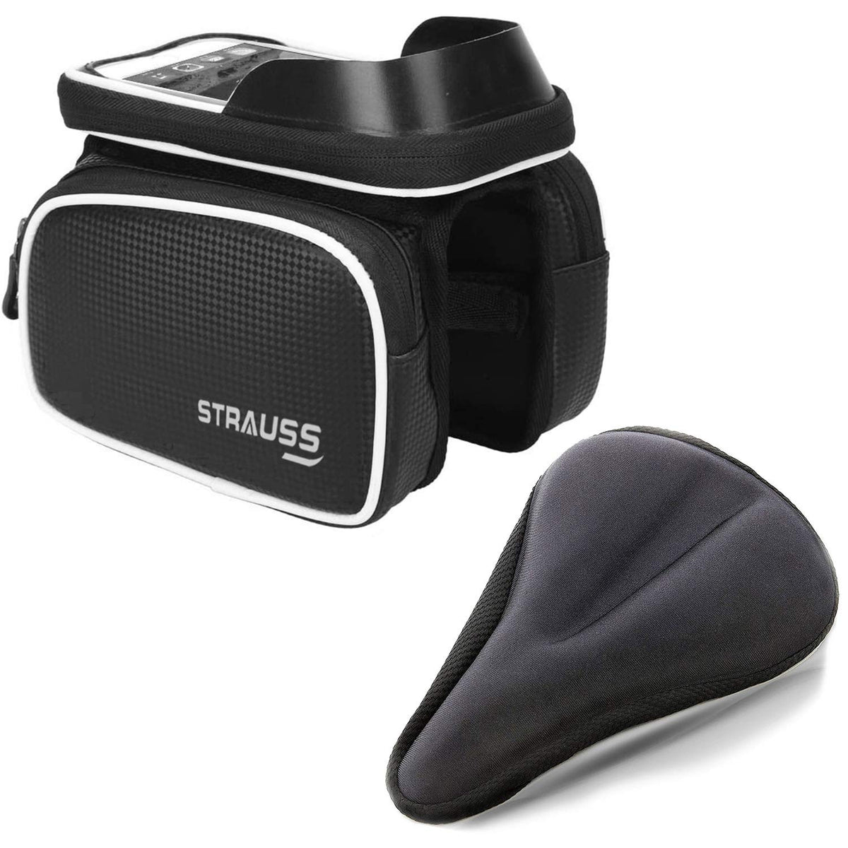 Strauss Bicycle Frame Bag, (Black) and Gel Seat Cover (Black)