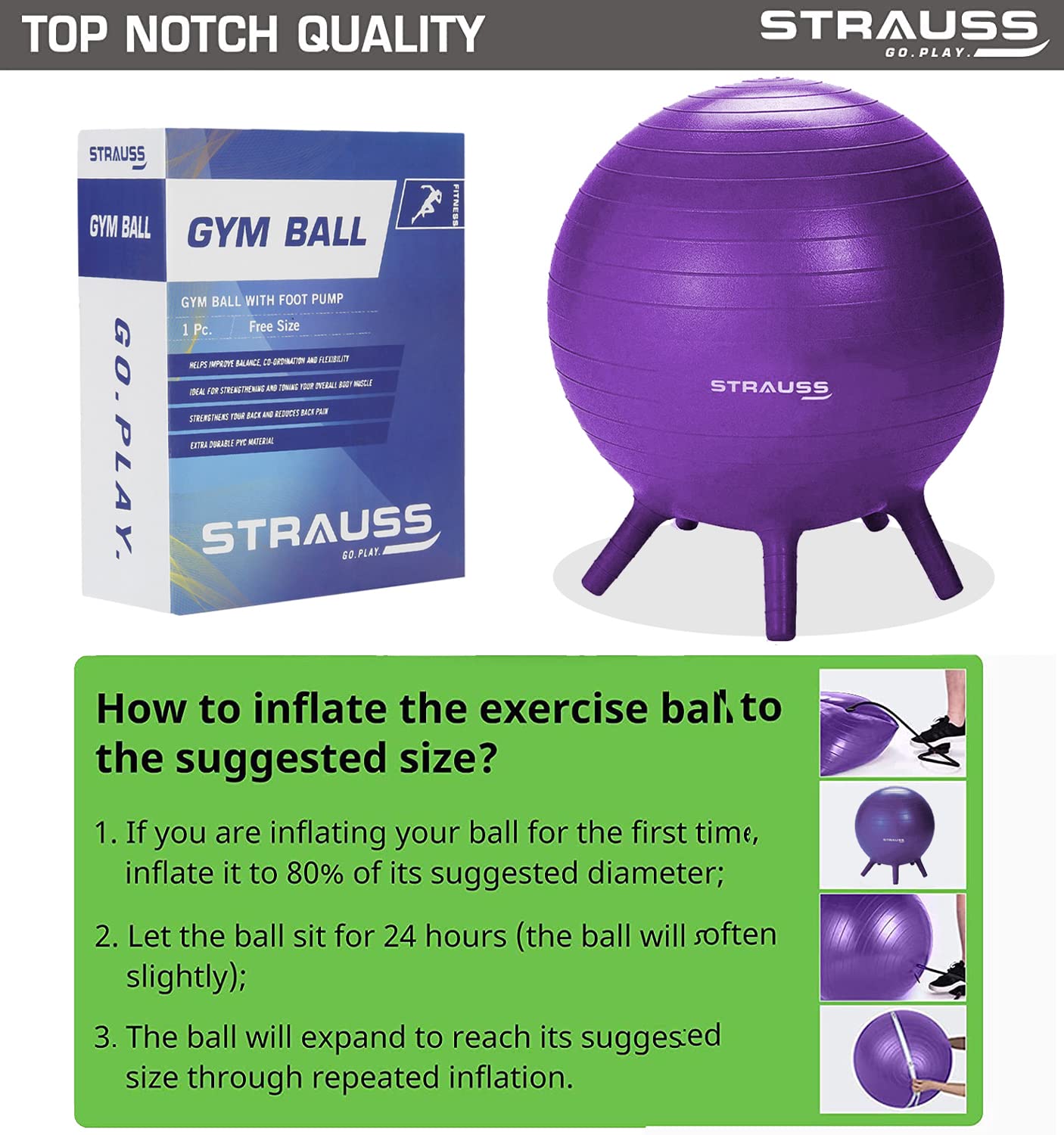 STRAUSS Anti-Burst Rubber Gym Ball with Free Foot Pump