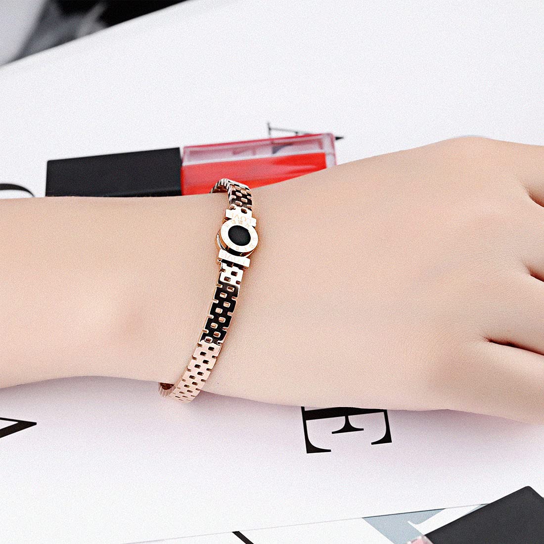 Yellow Chimes Bracelet for Women Stainless Steel Rose Gold Plated Statement Style Black Circle Design Kadaa Bracelet for Women and Girls.