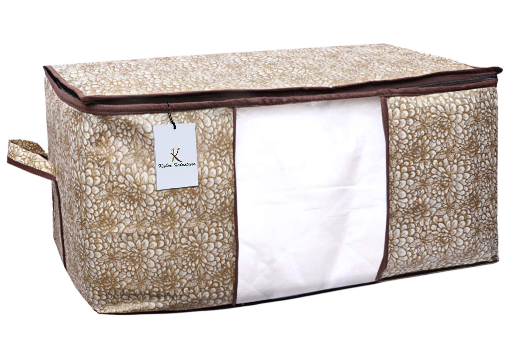 Kuber Industries Flower Design Non Woven Underbed Storage Bag|Large Storage Organiser|Blanket Cover with Transparent Window|Size 65 x 47 x 34 CM|Pack of 4 (Brown)